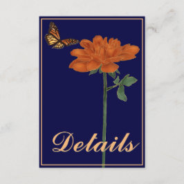 Tarjeta De Recepción Dahlia de Mariposa Monarca Detalles Azul Marino