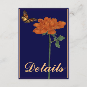 Tarjeta De Recepción Dahlia de Mariposa Monarca Detalles Azul Marino