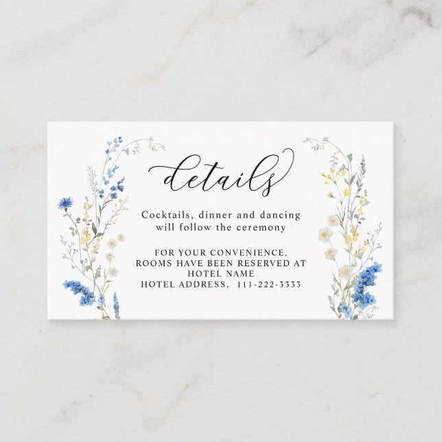 Tarjeta De Recepción Dainty Dusty Blue Wild Flower Boho Bodas Detalles (Anverso)