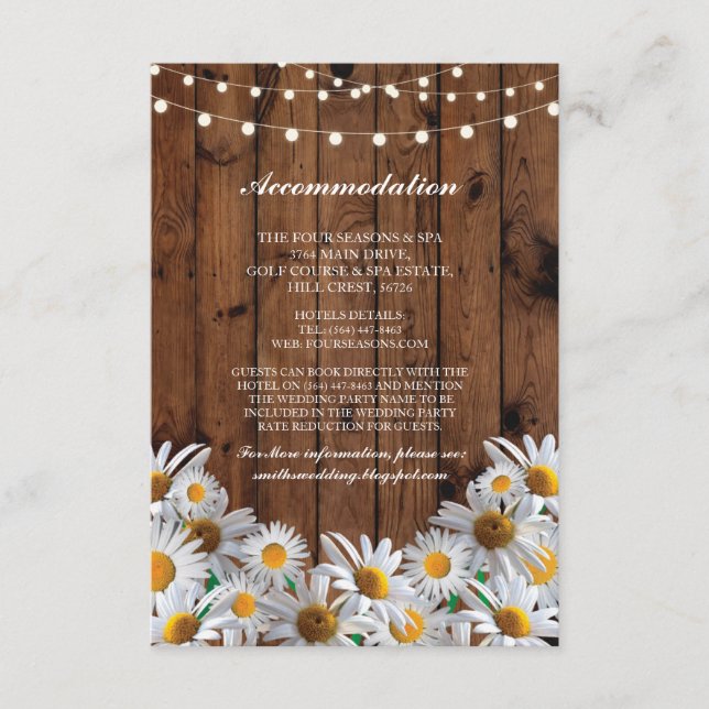 Tarjeta De Recepción Daisy Accommodation Wood Lights Cards Wedding (Anverso)