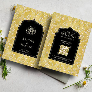 Tarjeta De Recepción Damasco dorado real Código QR musulmán RSVP Sitio 
