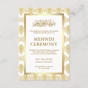 Tarjeta De Recepción Damasco islámico musulmán blanco y dorado Mehndi