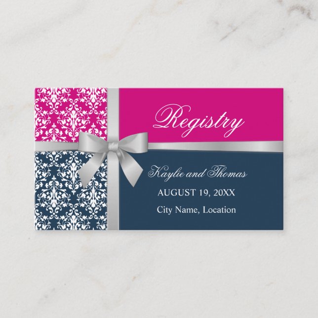 Tarjeta De Recepción Damask Faux Silver Cinta Naval Azul Fuchsia (Anverso)