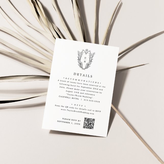 Tarjeta De Recepción DAPHNE Monograma Negro Blanco Boda simple Detalles (DAPHNE Monogram Black White Simple Wedding Details Enclosure Card)