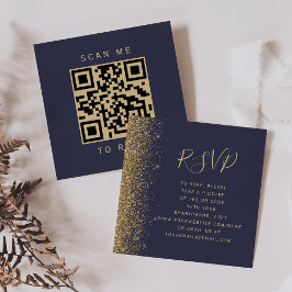 Tarjeta De Recepción Dark Blue Gold Glitter Wedding QR Code RSVP