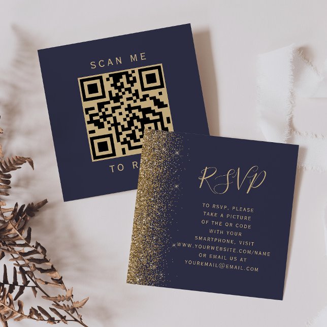 Tarjeta De Recepción Dark Blue Gold Glitter Wedding QR Code RSVP (Subido por el creador)
