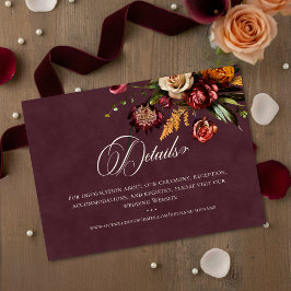 Tarjeta De Recepción Dark Elegant Autumn Floral Burgundy Wedding Detail