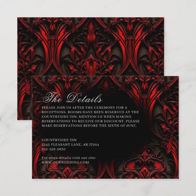 Tarjeta De Recepción Dark Elegant Red & Black Gothic Damask Wedding (Anverso / Reverso)