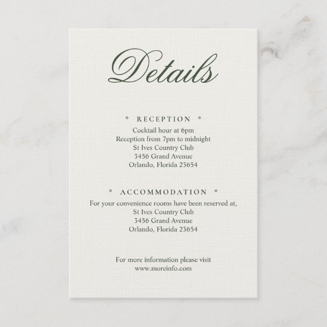 Tarjeta De Recepción Dark Green Greenery Wedding Calligraphy Details (Anverso)