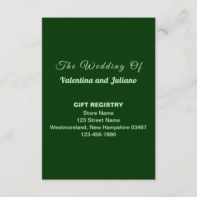 Tarjeta De Recepción Dark Green Wedding Gift Registry Portrait (Anverso)