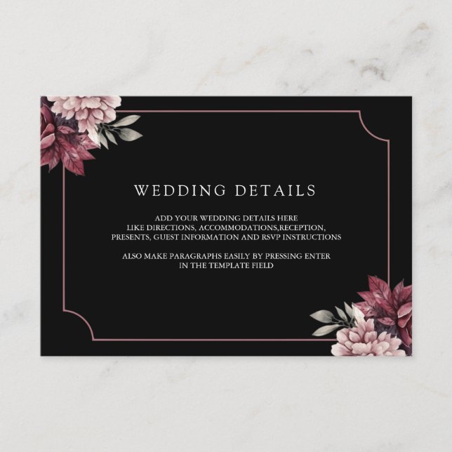 Tarjeta De Recepción Dark Moody Floral Frame Black Wedding Details (Anverso)