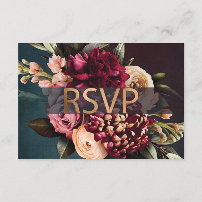 Tarjeta De Recepción Dark Moody Floral Negrita Red Rose Gold RSVP (Anverso)