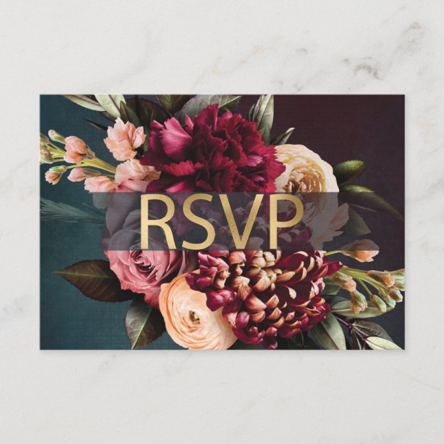 Tarjeta De Recepción Dark Moody Floral Negrita Red RSVP (Anverso)