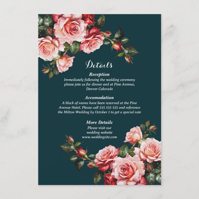 Tarjeta De Recepción Dark moody pink and red roses teal wedding (Anverso)