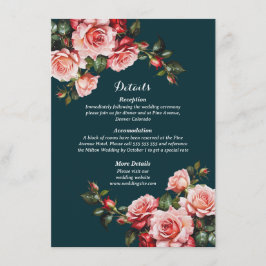 Tarjeta De Recepción Dark moody pink and red roses teal wedding