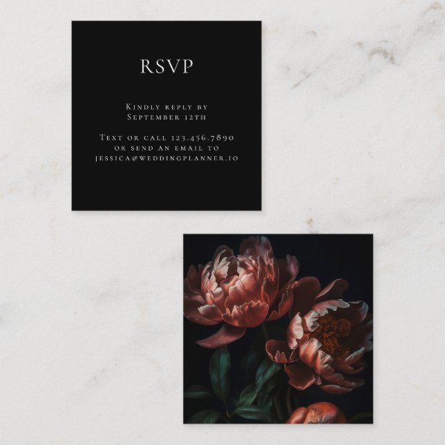 Tarjeta De Recepción Dark Moody Romantic Floral Wedding RSVP (Anverso / Reverso)