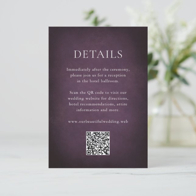 Tarjeta De Recepción Dark Purple Fine Art Floral Elegant Wedding (Anverso de pie)