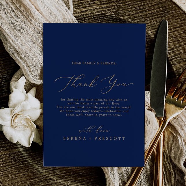 Tarjeta de recepción de agradecimiento delicada en (Delicate Gold and Navy Thank You Reception Card)