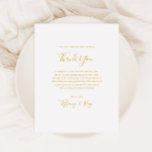 Tarjeta de recepción de agradecimiento dorada simp<br><div class="desc">Esta tarjeta de recepción de agradecimiento dorada simple y elegante es perfecta para su boda minimalista moderna blanca y dorada. El diseño presenta una fuente dorada contemporánea minimalista acompañada de caligrafía formal. ¡Manténgalo como está o personalícelo con su propia obra de arte o fotos!</div>
