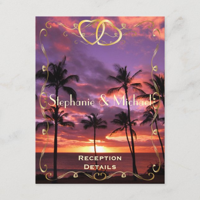 Tarjeta de recepción de boda atardecer tropical (Anverso)