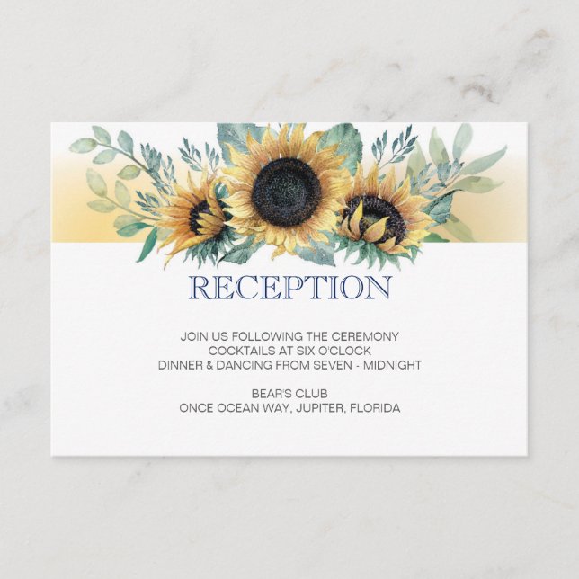Tarjeta de recepción de boda azul de girasol y mar (Anverso)