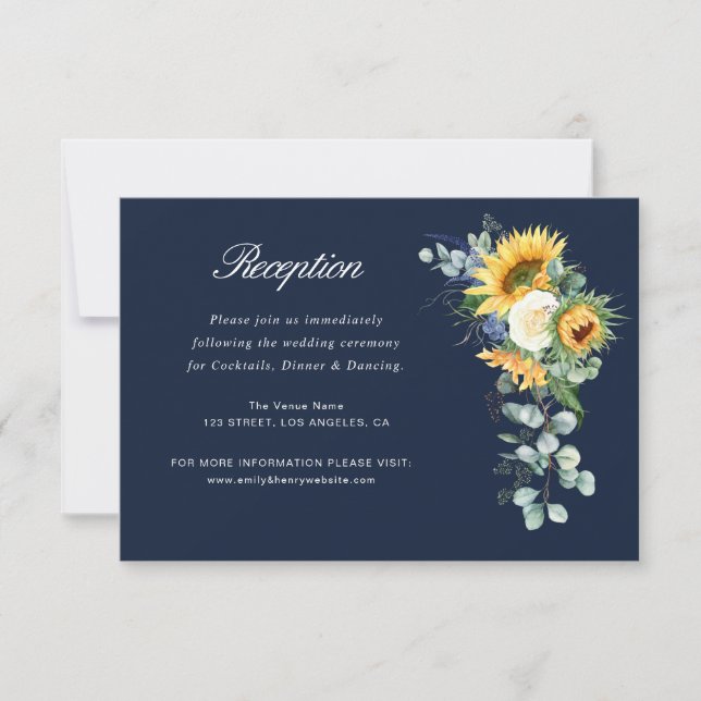 tarjeta de recepción de boda azul marino girasol (Anverso)