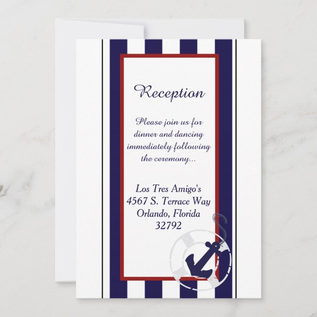 Tarjeta de recepción de boda Blue Anchor Nautical  (Anverso)