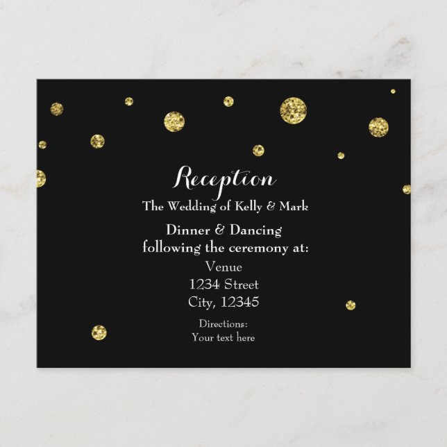 Tarjeta de recepción de boda con brillo dorado y n (Anverso)