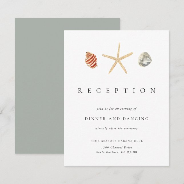 Tarjeta de recepción de boda con conchas de acuare (Anverso / Reverso)