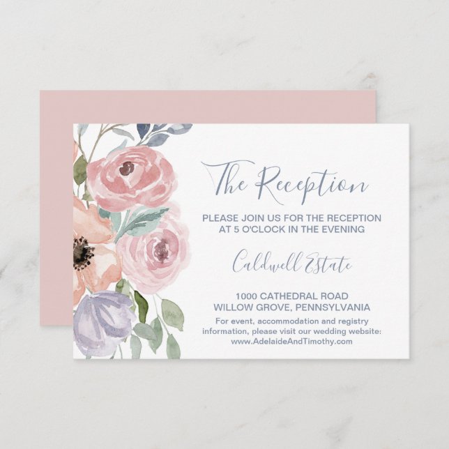 Tarjeta de recepción de boda con flores de rosa po (Anverso / Reverso)