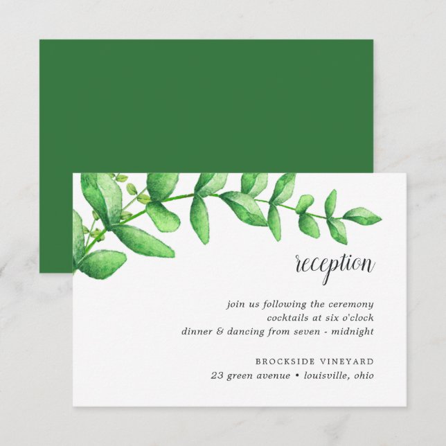 Tarjeta de recepción de boda con follaje de acuare (Anverso / Reverso)