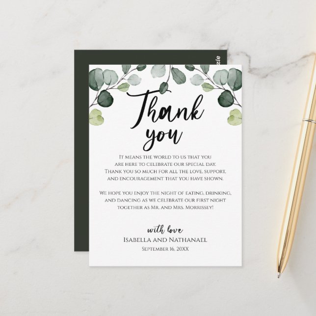 Tarjeta de recepción de boda con follaje de eucali (Anverso/Reverso In Situ)