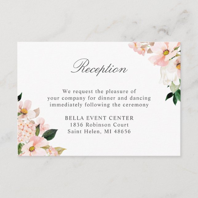 Tarjeta de Recepción de Boda con Hortensias Rosada (Anverso)