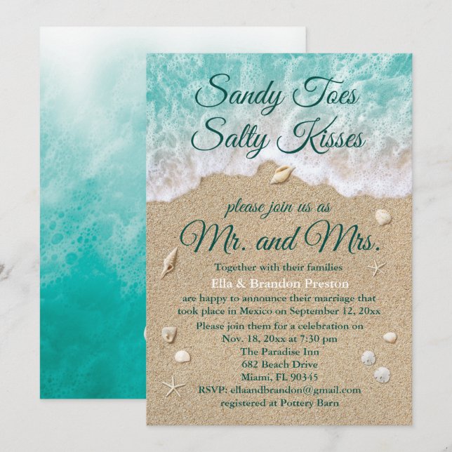 Tarjeta de recepción de boda con olas de playa (Anverso / Reverso)