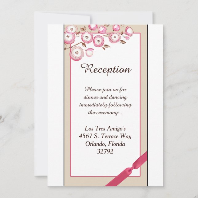 Tarjeta de Recepción de Boda con Rama Floral Rosa  (Anverso)