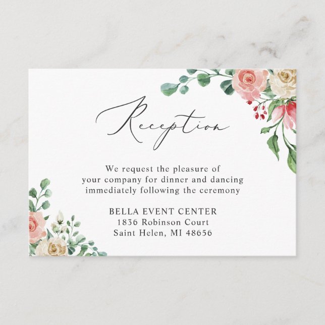 Tarjeta de recepción de boda con rosa en acuarela (Anverso)