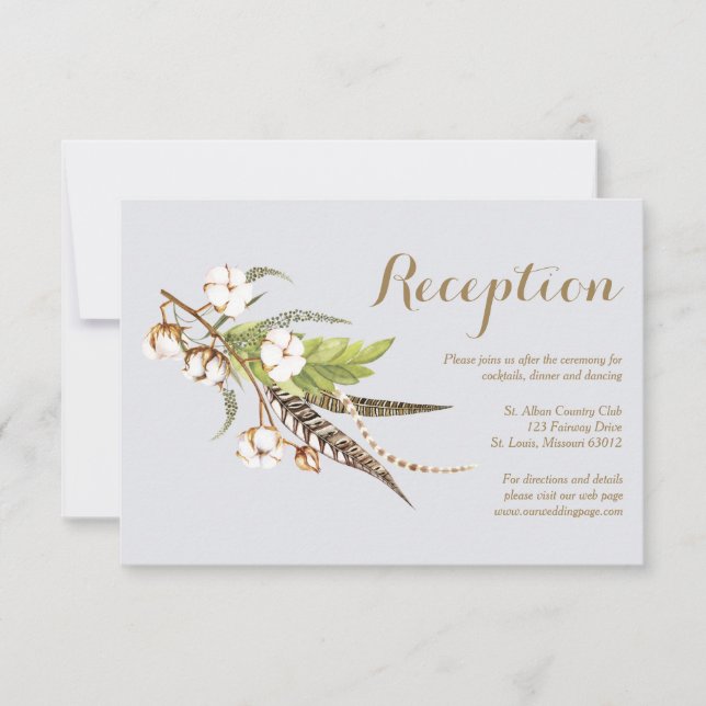Tarjeta de Recepción de Boda de Algodón Floral Rús (Anverso)