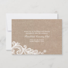 Tarjeta de recepción de boda de arpillera y encaje