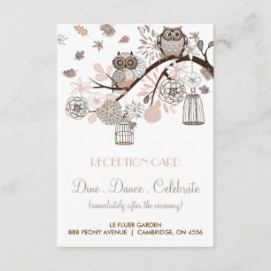 Tarjeta de recepción de boda de búhos rosa y gris