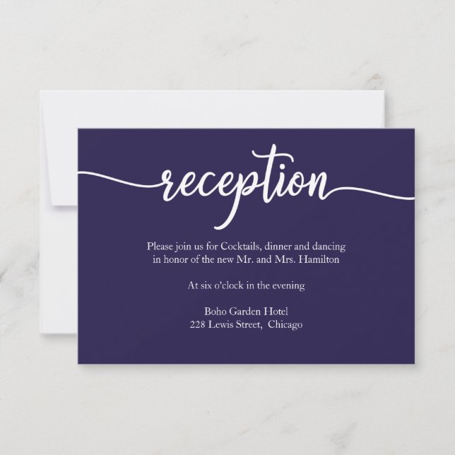 Tarjeta de recepción de boda de caligrafía azul de (Anverso)