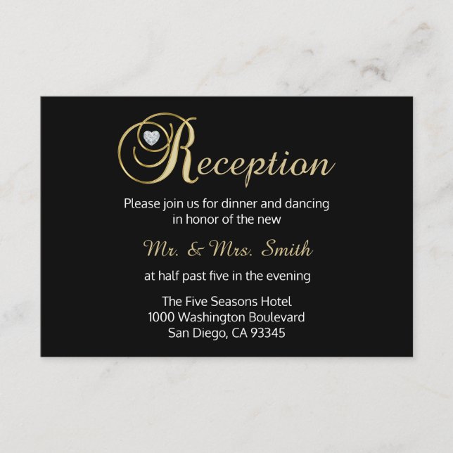 Tarjeta de RECEPCIÓN de boda de diamantes de oro n (Anverso)