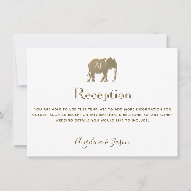 Tarjeta de recepción de boda de elefante de oro bl (Anverso)