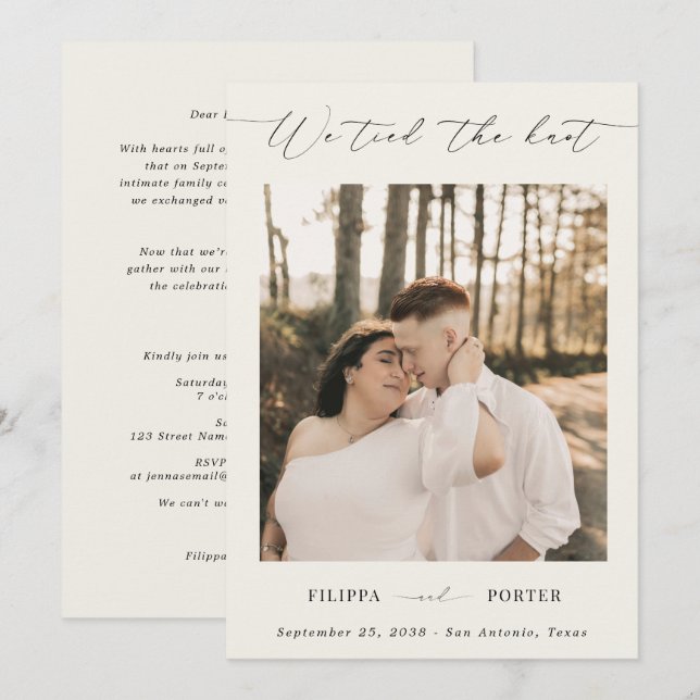 Tarjeta de recepción de boda de fuga en marfil con (Anverso / Reverso)