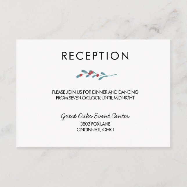 Tarjeta de recepción de boda de invierno de acebo  (Anverso)