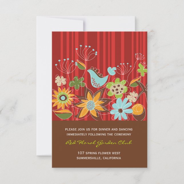 Tarjeta de Recepción de Boda de Jardín Floral Rojo (Anverso)
