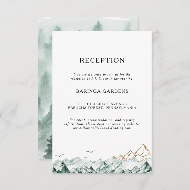 Tarjeta de recepción de Boda de Montaña Verde y Or (Anverso / Reverso)