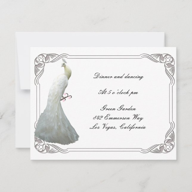 Tarjeta de Recepción de Boda de Pavón Blanco Perso (Anverso)