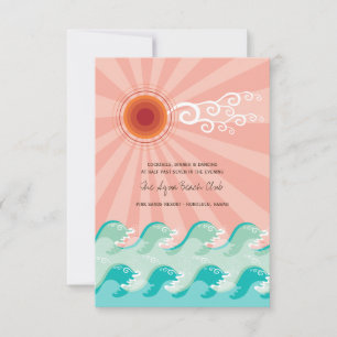Tarjeta de recepción de boda de playa con sol rosa