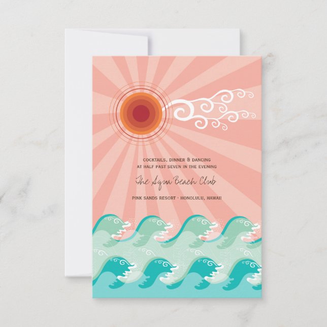 Tarjeta de recepción de boda de playa con sol rosa (Anverso)