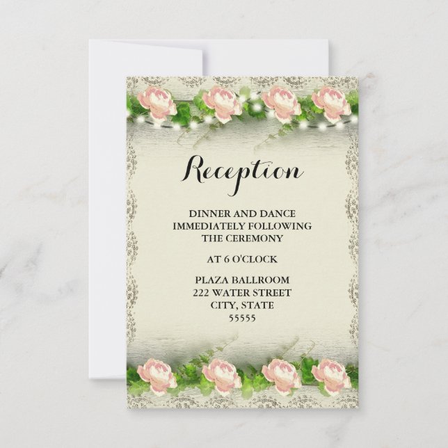 Tarjeta de recepción de boda de rosa y encaje vint (Anverso)